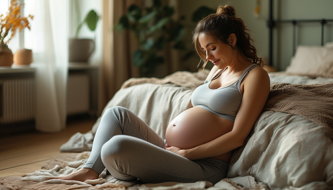 A pregnant woman doing a gentle supported stretch before bed