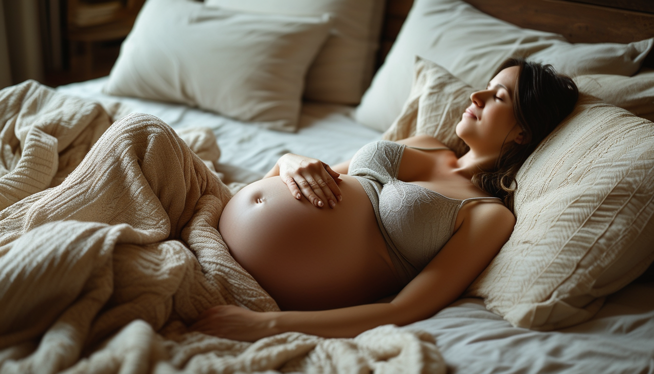 A pregnant woman stretching gently on a pillow-propped bed